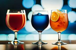 tre diverso colorato bevande nel bicchieri su un' sbarra. ai-generato foto