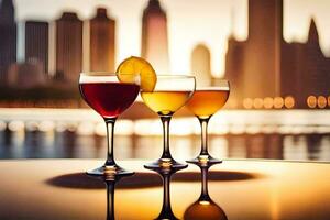 tre bicchieri di diverso bevande con un' città orizzonte nel il sfondo. ai-generato foto