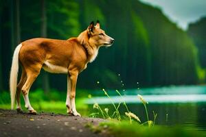 un' cane in piedi su il lato di un' lago. ai-generato foto