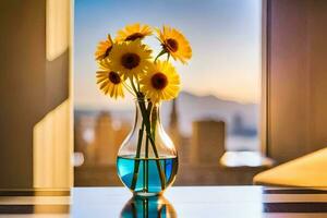 girasoli nel un' vaso su un' tavolo con un' Visualizza di il città. ai-generato foto