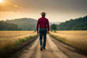 un' uomo nel un' rosso camicia e cappello a piedi giù un' sporco strada. ai-generato foto