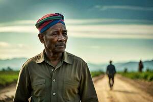 un più vecchio uomo indossare un' colorato turbante sta su un' sporco strada. ai-generato foto