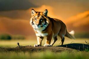 un' tigre in piedi su un' collina nel il mezzo di un' campo. ai-generato foto