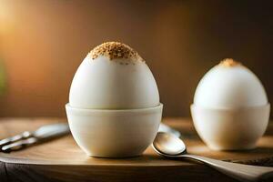 Due uova nel bianca tazze su un' di legno tavolo. ai-generato foto