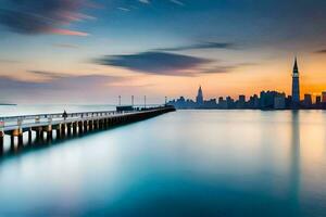 un' lungo esposizione foto di un' molo nel il acqua con un' città orizzonte nel il sfondo. ai-generato