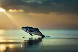 un' pesce salto su di il acqua a tramonto. ai-generato foto