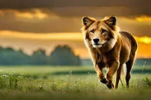 un' Leone a piedi nel il erba a tramonto. ai-generato foto