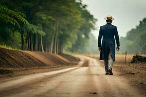 un' uomo nel un' completo da uomo e cappello passeggiate giù un' sporco strada. ai-generato foto