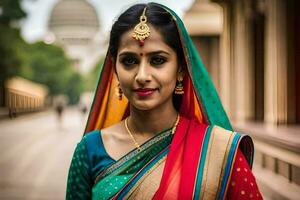 un' bellissimo indiano donna nel tradizionale vestiario. ai-generato foto