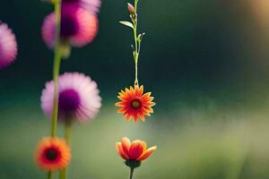 un' fiore è sospeso a partire dal un' vite nel il erba. ai-generato foto