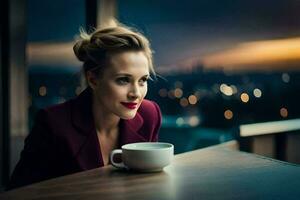 un' donna seduta a un' tavolo con un' tazza di caffè. ai-generato foto