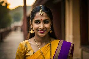 un' donna nel un' giallo sari sorridente. ai-generato foto