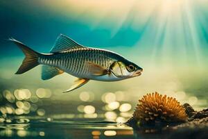 un' pesce è nuoto nel il acqua con un' sole splendente. ai-generato foto