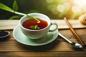 un' tazza di tè su un' di legno tavolo. ai-generato foto