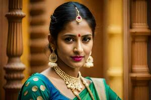 un' bellissimo indiano donna nel un' tradizionale sari. ai-generato foto