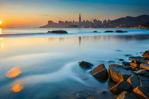 il sole imposta al di sopra di il baia nel hong kong. ai-generato foto