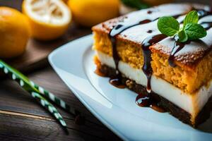 un' fetta di torta di formaggio su un' piatto con limoni. ai-generato foto