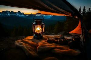 un' lanterna è illuminato nel il mezzo di un' tenda. ai-generato foto
