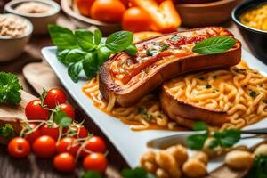 un' piatto di spaghetti con carne e verdure. ai-generato foto