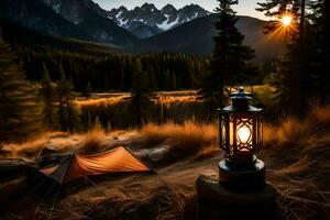 il lanterna è illuminato nel il mezzo di il foresta. ai-generato foto