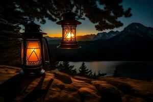 lanterne su il montagna a tramonto. ai-generato foto