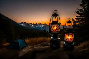 Due lanterne su superiore di un' montagna a tramonto. ai-generato foto