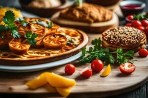 un' piatto di cibo con pasta, pomodori e altro ingredienti. ai-generato foto