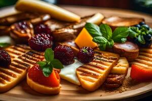 un' piatto di formaggio, frutta e verdure. ai-generato foto