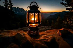 un' lanterna illuminato su su un' montagna a tramonto. ai-generato foto