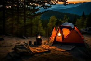 un' tenda è impostato su nel il mezzo di un' foresta a tramonto. ai-generato foto