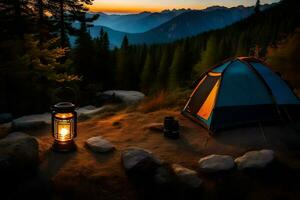 un' campeggio tenda è impostato su nel il montagne a tramonto. ai-generato foto
