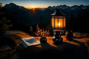 un' lanterna e libro su un' roccia nel davanti di un' montagna. ai-generato foto