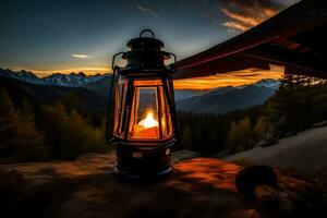 un' lanterna illuminato su a tramonto nel il montagne. ai-generato foto