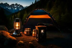 un' tenda e lanterna su il terra nel davanti di un' montagna. ai-generato foto