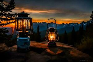 Due lanterne su superiore di un' montagna a tramonto. ai-generato foto