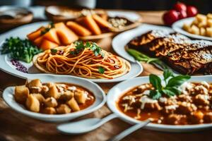 un' tavolo con vario piatti di cibo. ai-generato foto