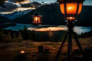 un' lanterna e tripode siamo impostato su su un' montagna prospiciente un' lago. ai-generato foto