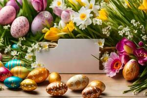 Pasqua uova e fiori su un' tavolo. ai-generato foto