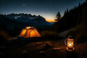 un' tenda è illuminato su nel il montagne a notte. ai-generato foto