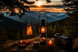 foto sfondo il cielo, montagne, alberi, tramonto, candele, lanterne, montagne, tramonto. ai-generato