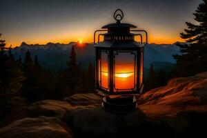 un' lanterna è illuminato su un' roccia nel davanti di un' montagna. ai-generato foto