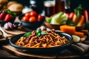 pasta con carne e verdure nel un' ciotola. ai-generato foto