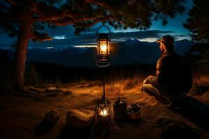 un' uomo seduta su il terra con un' lanterna e un' lampada. ai-generato foto
