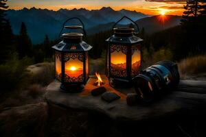 lanterne su un' montagna superiore a tramonto. ai-generato foto