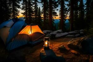 un' tenda è illuminato su a notte nel il boschi. ai-generato foto