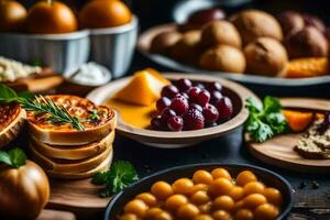 un' tavolo con vario Alimenti Compreso frutta, noccioline e pane. ai-generato foto