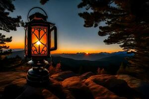un' lanterna è illuminato su a tramonto su un' roccioso collina. ai-generato foto
