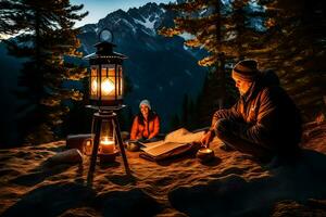 un' coppia seduta di un' fuoco di bivacco nel il montagne. ai-generato foto