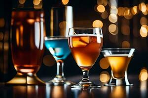 tre diverso tipi di alcolizzato bevande su un' tavolo. ai-generato foto
