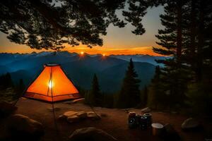 un' tenda è impostato su su un' montagna a tramonto. ai-generato foto